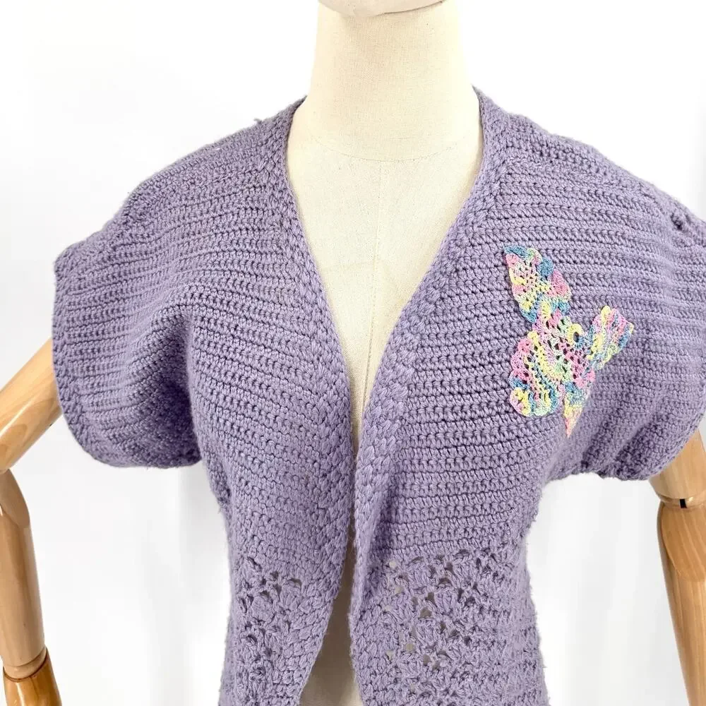 Vintage 70s Handmade Purple Crochet Lace Butterfly Applique Cardigan